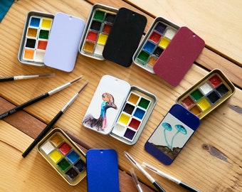 Mini travel size, watercolour paint sets + Paint brush. Hand made Pocket sized art kits perfect for travelling artist