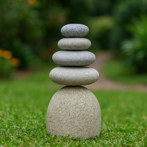May include: A stack of smooth, gray stones of varying sizes, balanced on top of each other. The bottom stone is large and rounded, supporting the smaller, flatter stones above. The background is blurred green grass and foliage.