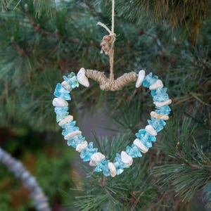 Glass Hanging Heart Sculpture, Recycled Glass and Pebble Stone with Rope, Handmade Memorial Garden Art, Eco Friendly Outdoor Yard Accent,
