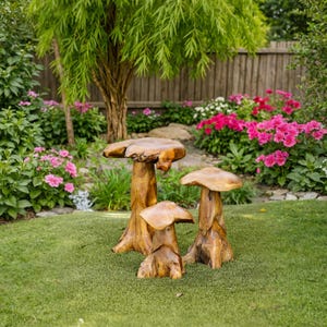 May include: Three wooden mushroom-shaped garden stools of varying sizes. The stools are made of natural wood with a light brown color and a textured surface. They are placed on a green lawn in a garden setting.