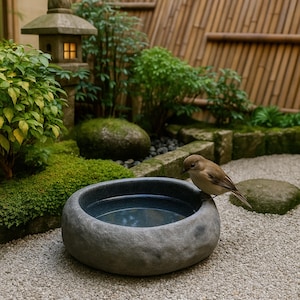 Large 13–14 inch hand-carved river stone bird bath placed in a peaceful garden setting with gravel ground and manicured shrubs. The oversized bowl features a smooth, dark polished interior and a thick, natural stone exterior with organic gray texture. Its substantial weight and rounded shape make it ideal as a focal point in zen gardens, patios, and outdoor landscapes, inviting birds to drink and bathe.