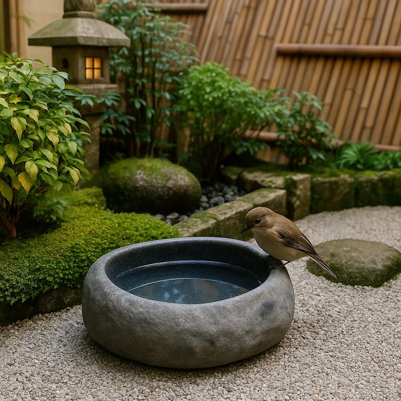 Large 13–14 inch hand-carved river stone bird bath placed in a peaceful garden setting with gravel ground and manicured shrubs. The oversized bowl features a smooth, dark polished interior and a thick, natural stone exterior with organic gray texture. Its substantial weight and rounded shape make it ideal as a focal point in zen gardens, patios, and outdoor landscapes, inviting birds to drink and bathe.