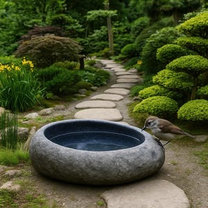 Large 13–14 inch hand-carved river stone bird bath placed in a peaceful garden setting with gravel ground and manicured shrubs. The oversized bowl features a smooth, dark polished interior and a thick, natural stone exterior with organic gray texture. Its substantial weight and rounded shape make it ideal as a focal point in zen gardens, patios, and outdoor landscapes, inviting birds to drink and bathe.