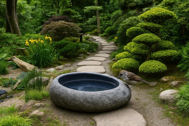 Large 13–14 inch hand-carved river stone bird bath placed in a peaceful garden setting with gravel ground and manicured shrubs. The oversized bowl features a smooth, dark polished interior and a thick, natural stone exterior with organic gray texture. Its substantial weight and rounded shape make it ideal as a focal point in zen gardens, patios, and outdoor landscapes, inviting birds to drink and bathe.
