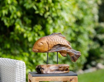 Handcarved Teak Wood Fish Sculpture on Stand – Rustic Decor