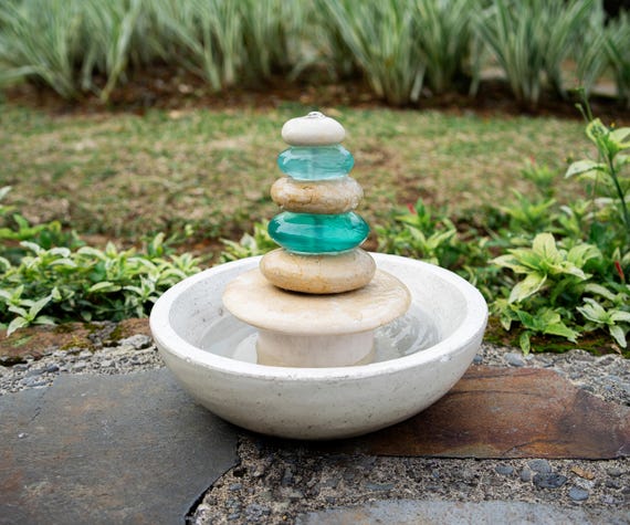 White Marble Bowl Zen Fountain with Jasper & Blue Glass Cairn