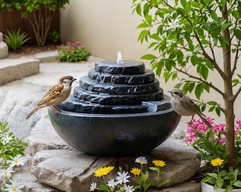 Tranquil Cascades 5-Tier Slate Fountain, Indoor Outdoor Water Feature & Bird Bath