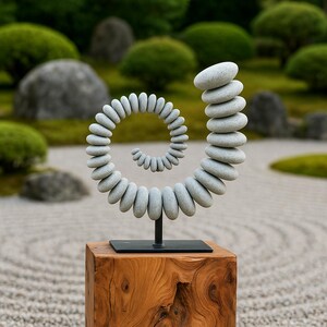 May include: A stone spiral sculpture, composed of smooth, gray stones, is mounted on a black metal stand and a wooden block. The sculpture's design resembles a nautilus shell. The background features a zen garden with raked gravel and green foliage.