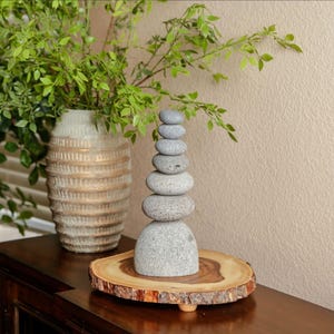 Seven Stones of Serenity Stacked Stone Cairn, Zen Harmony Balanced Rock Cairns, Stone Sculpture, Garden Decor, Meditation Stones, Home Decor