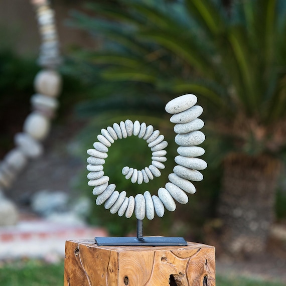 Natural Pebble Coil Sculpture, River Stone Spiral on Metal Base