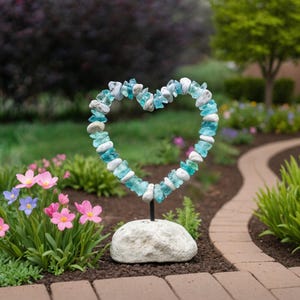 Forever Heart, Recycled Glass & Stone Heart Garden Sculpture, Handmade Outdoor Memorial Decor, Eco-Friendly Gift for Loved Ones, Yard Art