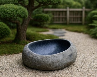 Hand Carved River Stone Bird Bath, Natural Garden Water Bowl - X Large Size