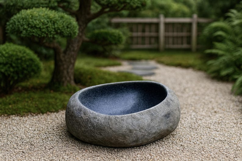 Large 13–14 inch hand-carved river stone bird bath placed in a peaceful garden setting with gravel ground and manicured shrubs. The oversized bowl features a smooth, dark polished interior and a thick, natural stone exterior with organic gray texture. Its substantial weight and rounded shape make it ideal as a focal point in zen gardens, patios, and outdoor landscapes, inviting birds to drink and bathe.