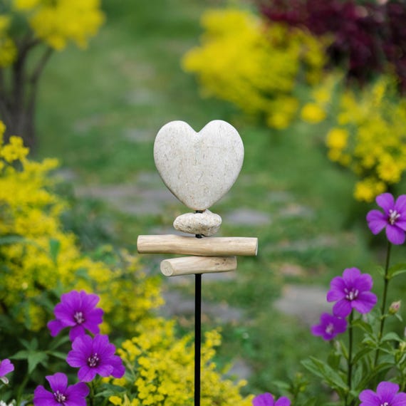 Jasper Heart Garden Stake with Driftwood - Memorial Gift