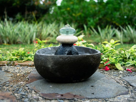 Natural River Stone Zen Fountain with Jasper & Glass Stone Cairn