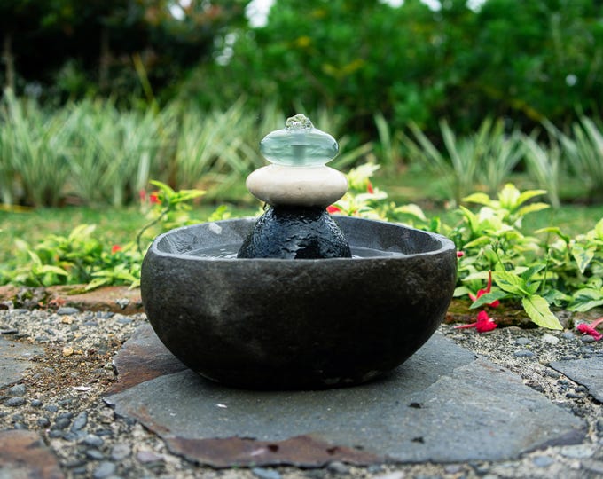 Natural River Stone Zen Fountain with Jasper & Glass Stone Cairn