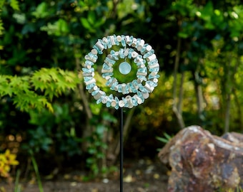 Zen Double Ring Garden Stake with Aqua Glass Orb & Driftwood - Memorial Gift
