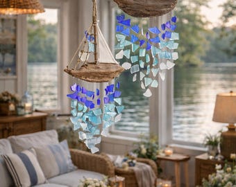 Carillón de viento de velero de madera flotante con vidrio reciclado / Decoración costera colgante / Pequeño y grande