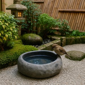 Hand Carved River Stone Bird Bath, Natural Garden Water Bowl - Large Size