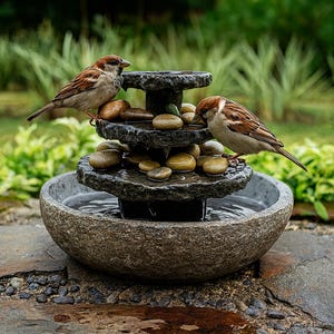May include: A small, tiered stone fountain with two brown and tan sparrows perched on it. The fountain has a round, shallow basin and is surrounded by greenery and stone pavers. The fountain is filled with water and small stones.