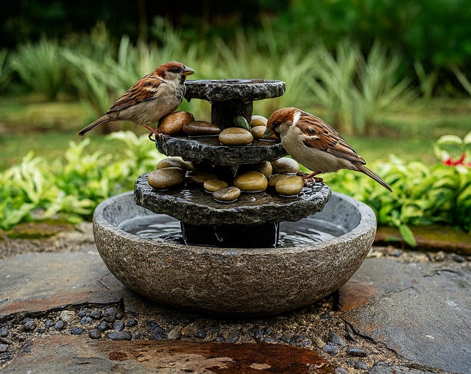 Natural Slate 3-Tier Fountain with Carved River Stone Base