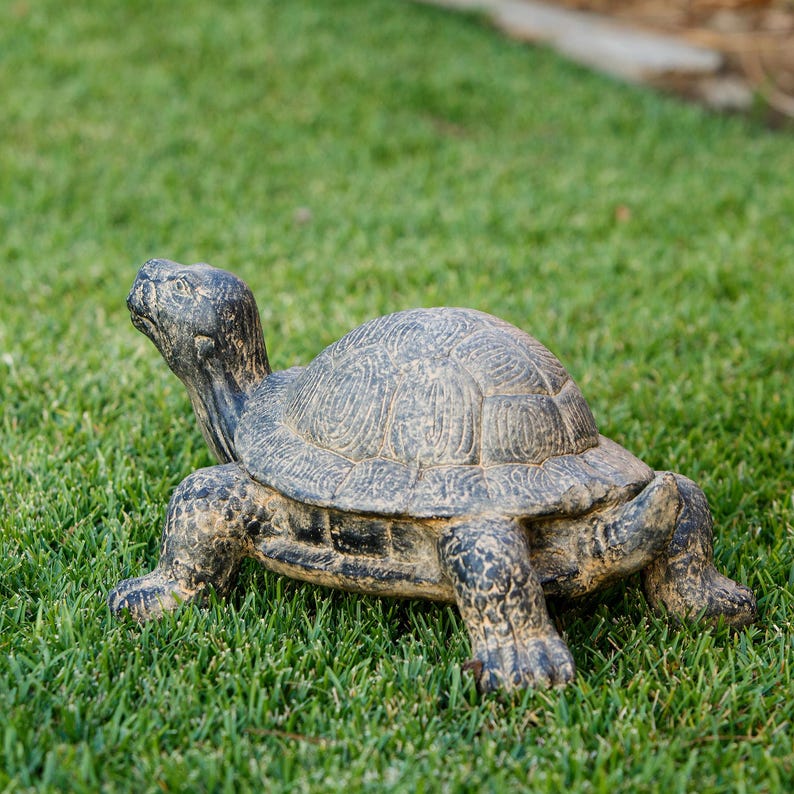 Realistic fiber cement turtle statue available in two sizes, small 14 inch and huge 34 inch life size. Handcrafted with intricate details, the design resembles a sea turtle or tortoise with a textured shell and natural stone-like finish. Perfect for outdoor display in gardens, patios, entryways, or zen spaces, this rustic sculpture is durable, weather resistant, and eco-friendly. A striking yard art figurine and unique gift for turtle lovers and garden enthusiasts.