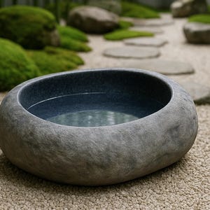 Large 13–14 inch hand-carved river stone bird bath placed in a peaceful garden setting with gravel ground and manicured shrubs. The oversized bowl features a smooth, dark polished interior and a thick, natural stone exterior with organic gray texture. Its substantial weight and rounded shape make it ideal as a focal point in zen gardens, patios, and outdoor landscapes, inviting birds to drink and bathe.