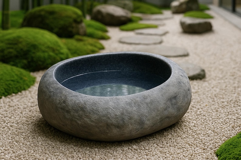 Large 13–14 inch hand-carved river stone bird bath placed in a peaceful garden setting with gravel ground and manicured shrubs. The oversized bowl features a smooth, dark polished interior and a thick, natural stone exterior with organic gray texture. Its substantial weight and rounded shape make it ideal as a focal point in zen gardens, patios, and outdoor landscapes, inviting birds to drink and bathe.