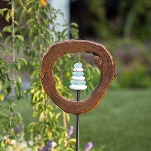 Teak Slab w/ Glass Cairn Garden Stake, Garden Decor, Outdoor Decor, Gardening Decor, Yard Art, Planter Stake, Lawn Ornament, Tall Stake