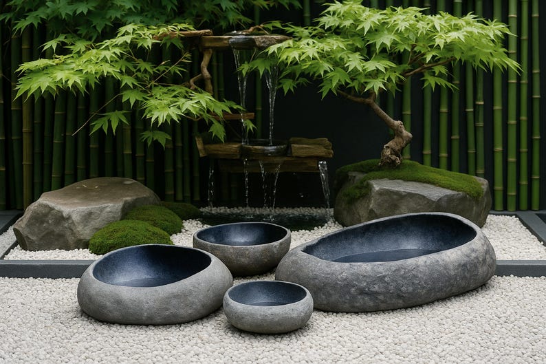 Puede incluir: Una serena escena al aire libre presenta cuatro cuencos de piedra gris de varios tama&ntilde;os, con interiores azul oscuro, dispuestos sobre un lecho de guijarros blancos. Una peque&ntilde;a cascada fluye desde una estructura de madera, y un bons&aacute;i y bamb&uacute; completan el jard&iacute;n zen.