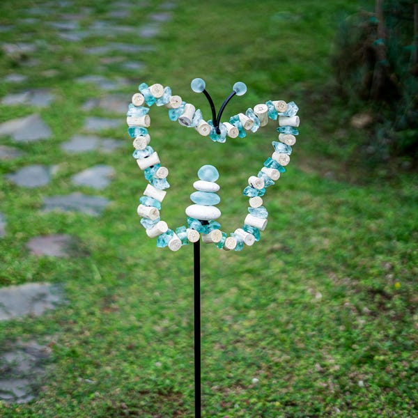Butterfly Garden Stake with Recycled Glass & Jasper Cairn - Memorial Gift