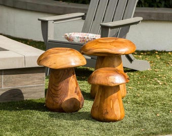 Teak Root Mushroom Stool, Solid Wood Garden Seat, Hand Carved Rustic Furniture