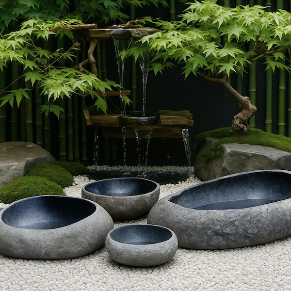 Hand Carved River Stone Bird Bath & Garden Bowl – 9 Sizes Available