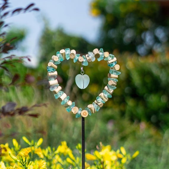 Rustic Heart Garden Stake - Recycled Glass & Driftwood Memorial Sculpture