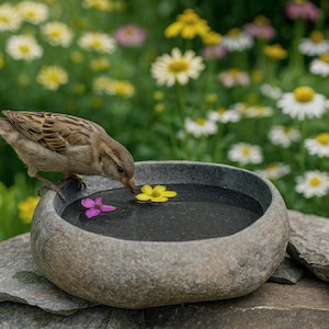 Hand Carved River Stone Bird Bath, Natural Garden Water Bowl - Medium Size