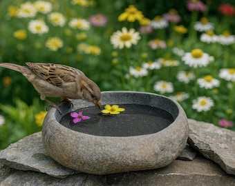 Hand Carved River Stone Bird Bath, Natural Garden Water Bowl - Medium Size