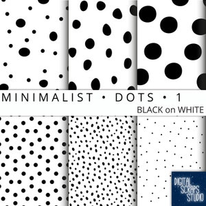 May include: Set of six digital paper patterns featuring black dots on a white background. The patterns include various sizes and arrangements of dots, from small and evenly spaced to large and scattered.