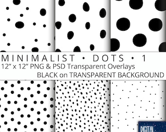 Minimalist Dots - Black on Transparent Background, Digital Paper Overlay, 12"x12", 300 dpi PNG, PSD, Printable, Instant Download