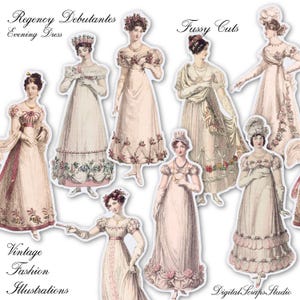 May include: A digital paper pack with illustrations of women in Regency era dresses. The illustrations are in a vintage style and feature intricate details. The text "Regency Debutantes Evening Dress" and "Fussy Cuts" is included in the image.