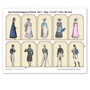 Peut inclure: Ensemble de 8 étiquettes imprimables illustrant des personnes vêtues de vêtements d'époque Regency. Les étiquettes mesurent 5 cm sur 9 cm et sont conçues pour être imprimées sur du papier cartonné.