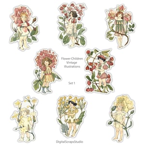 Fussy Cut Junk Journal Kit, Blumenkinder Set 1, Vintage Illustration, botanische Waldblumen Ephemera, Printable, Instant Download