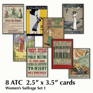 Schede di giornale, Set 1 per il suffragio femminile, Illustrazione di poster vintage, Stampabile, Materiale informativo sul diritto di voto delle donne, Download immediato ACEO