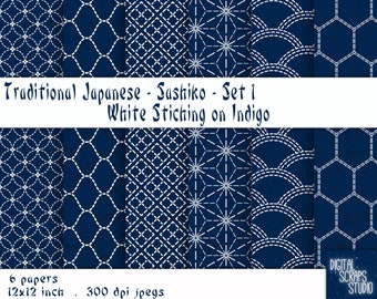 Japanese Sashiko-style in Indigo - Set 1, Digital Paper, 12'x12", 300 dpi JPG, Printable