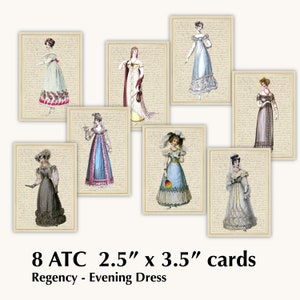 Jane Austin Era - Georgian Regency Evening Dresses Journal cards - Printable Vintage illustration ATC ephemera ACEO Instant Download