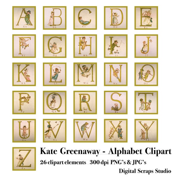 Clipart Alphabet Letters - Kate Greenaway Children - vintage Victorian alphabet illustrations Letters A-Z  - Individual clipart PNGs