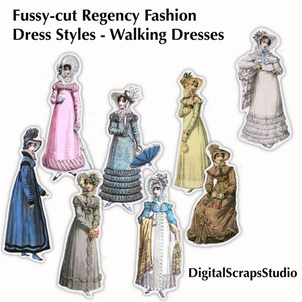 Fussy Cut Fashion, Regency Dress Set 1 Day Dress, Croquis de Robe,Vintage illustration Printable,Costume Fashion ephemera,Instant Download