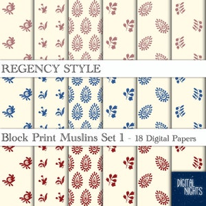 Regency Muslin Fabric Patterns - Naadloze Indian Block Print Cottons Set 1, Digitaal papier, 12"x12", 300 dpi JPG, Afdrukbaar, Instant Download
