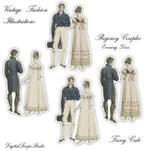 May include: Four illustrations of couples in Regency era clothing. The men are wearing dark blue jackets, white shirts, and white pants. The women are wearing white or pink dresses with lace trim. The text "Regency Couples Evening Dress" is at the top of the image.