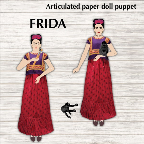 Frida - Mexican Painter and Artist - Articulated Paper Doll Puppet - Instant Printable Download, pantin doll, Digital DIY