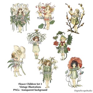 Blumen Kinder Junk Journal Clipart Set 3 - Botanische Flora Ephemera, Vintage Illustrationen, Sofort Download